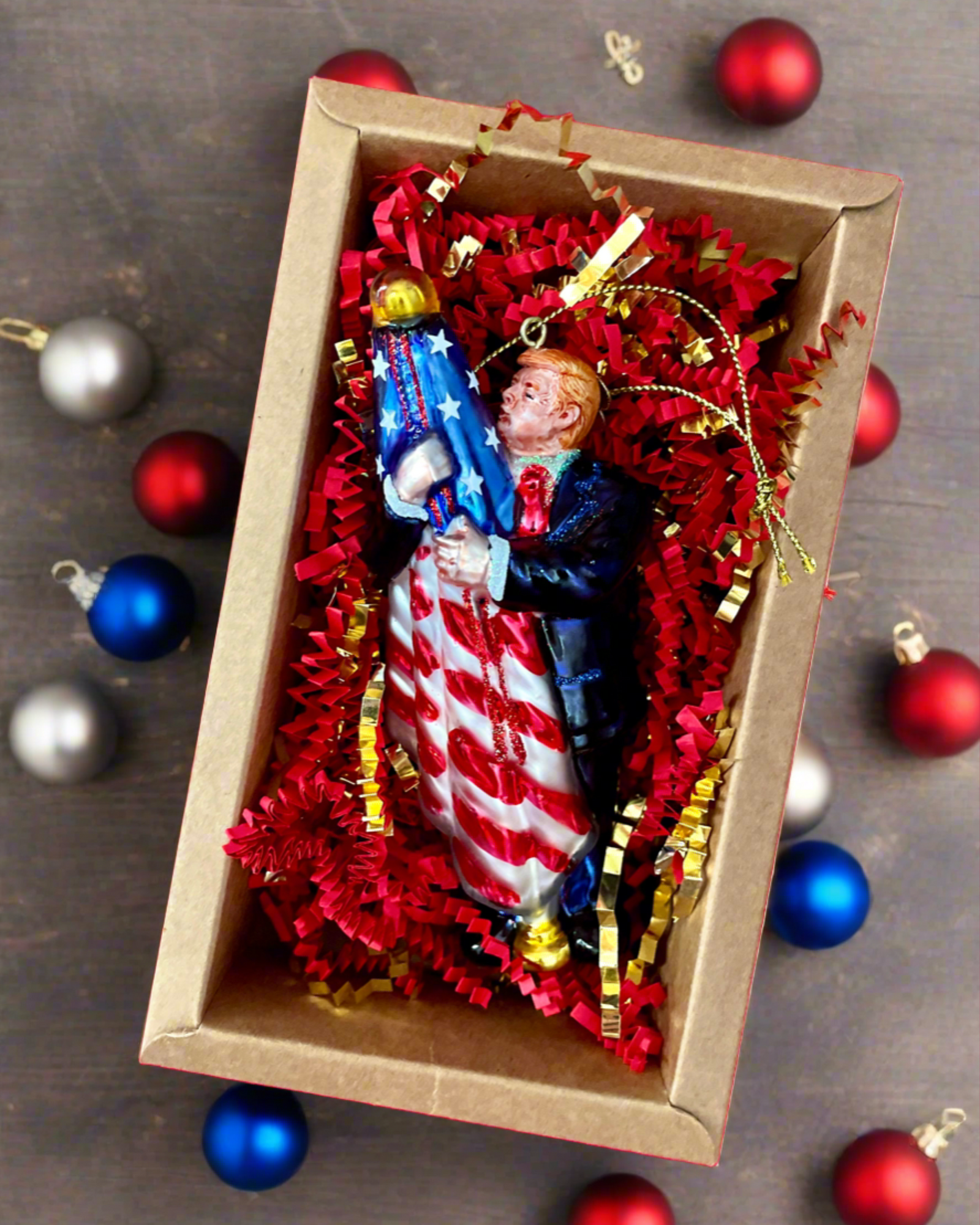 Christmas Cheer All Year Donald Trump Kissing the Flag 250th Anniversary USA Ornament in box