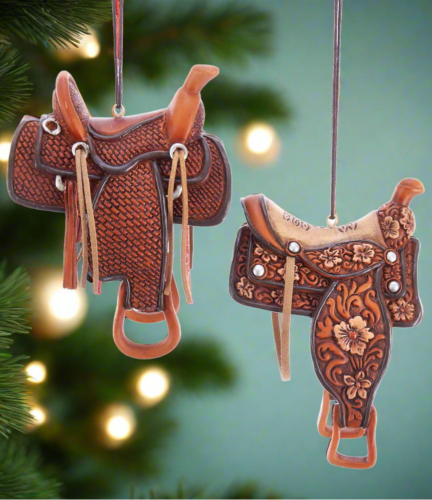 English and western saddle-shaped resin Christmas ornaments with intricate detailing and faux leather straps Christmas Cheer All Year