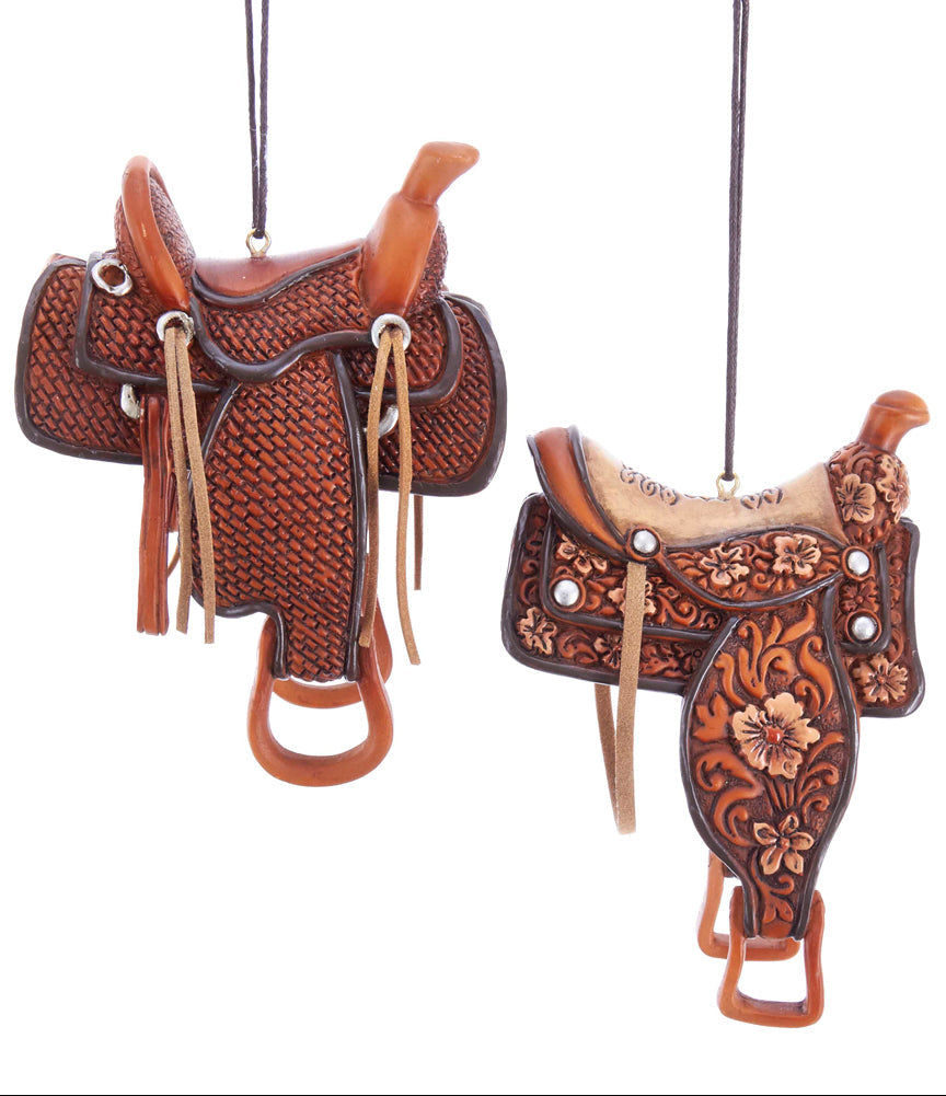 English and western saddle-shaped resin Christmas ornaments with intricate detailing and faux leather straps Christmas Cheer All Year