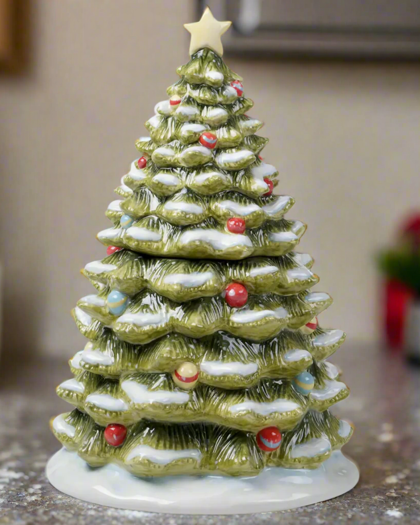 Christmas Cheer All Year snow-capped decorated evergreen Christmas tree ceramic cookie jar