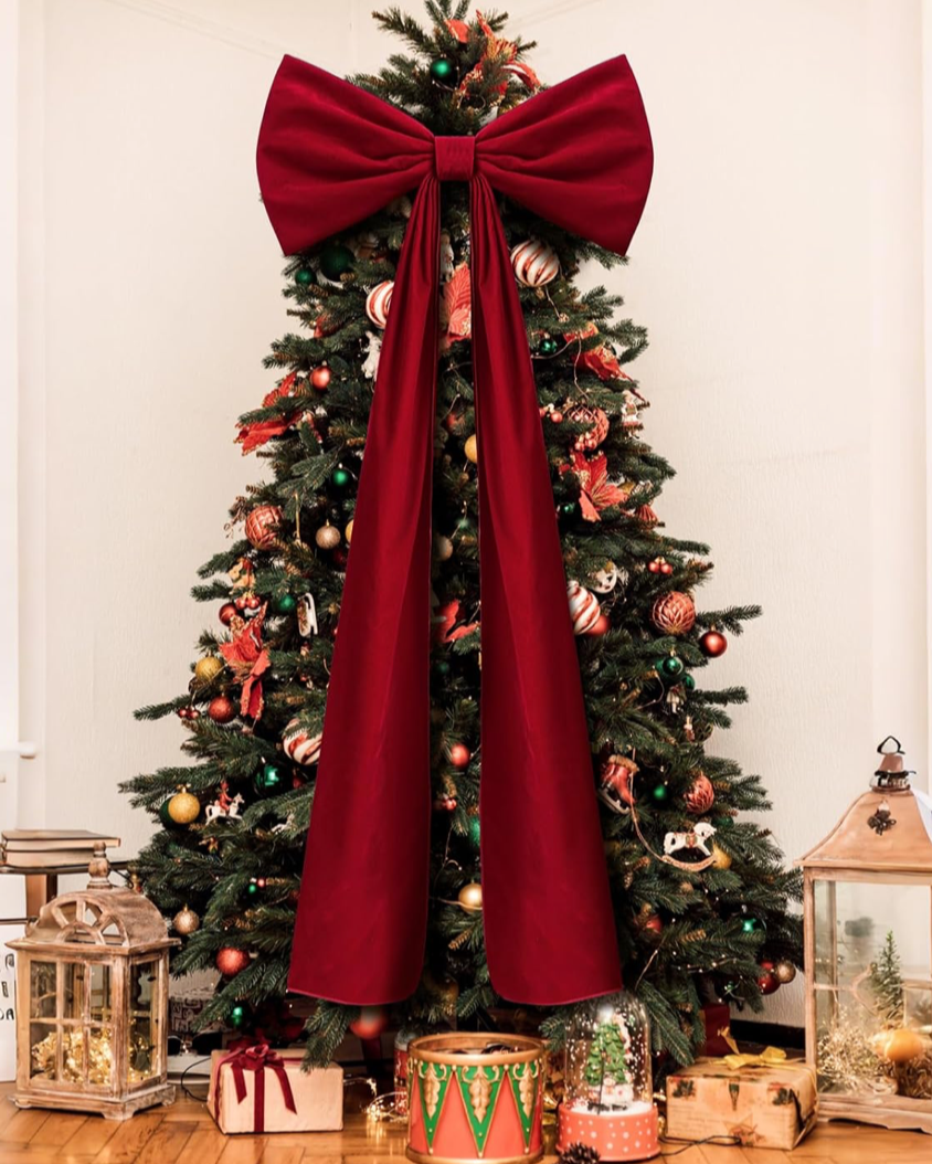 Christmas Cheer All Year Extra Large Velvet Ribbon and Bow Tree Topper 20" x 71" Red