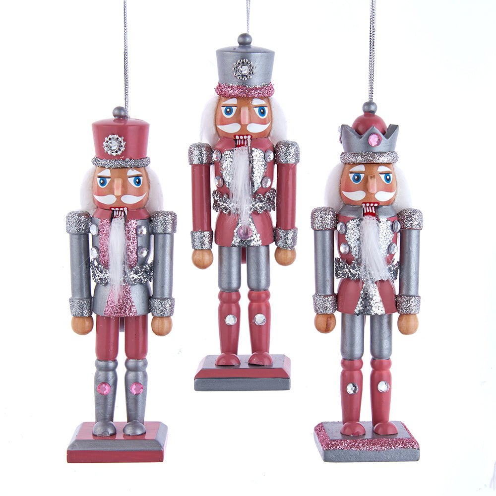 The Canton Christmas Shop 6" Pink and Pewter Nutcracker Ornaments Assorted on white background