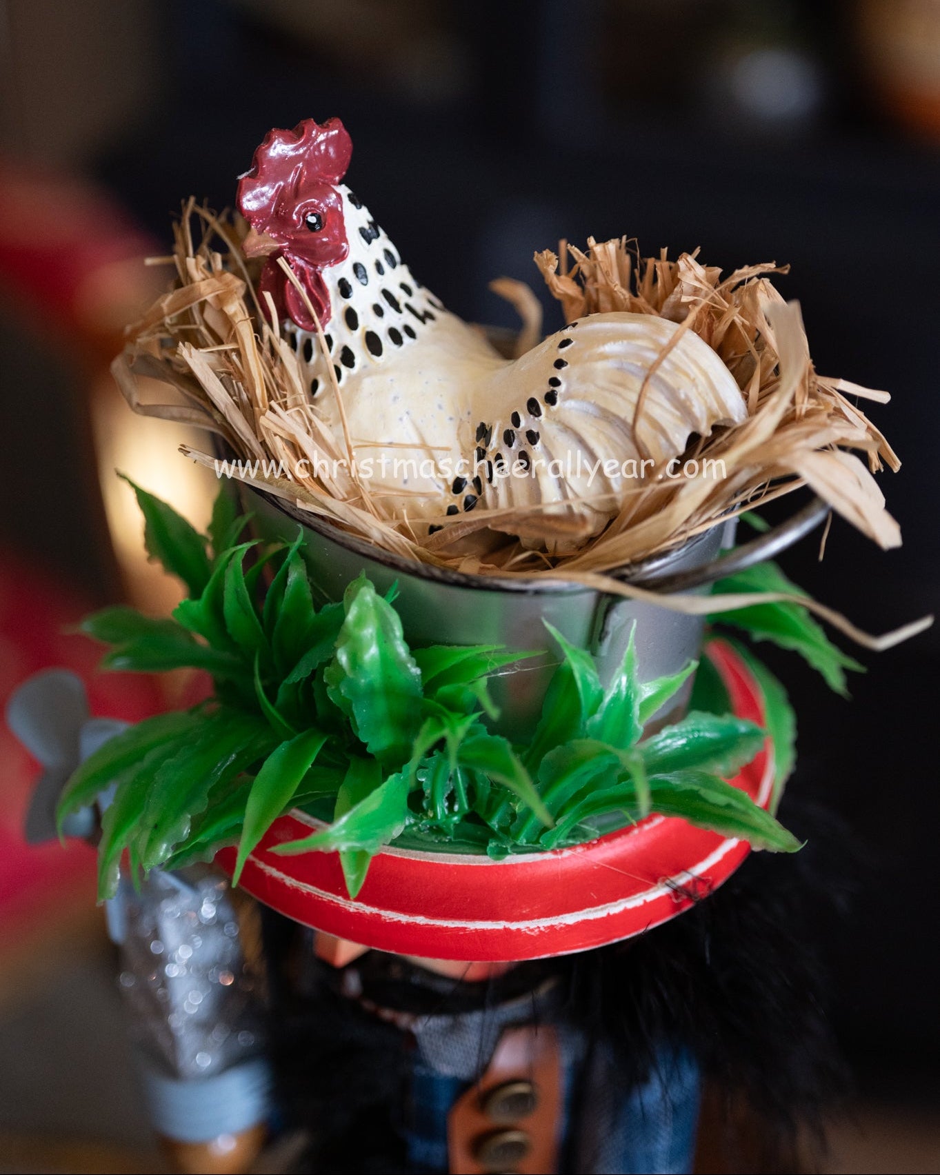 Farmer with chicken Christmas nutcracker at the Christmas Cheer All Year Store