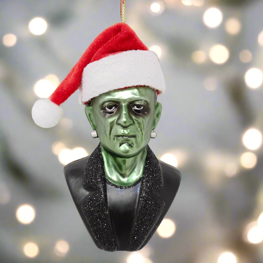 The Canton Christmas Shop Frankenstein Santa Hat Glass Christmas Ornament Horror Halloween Bride of Frankenstein Goth Glittered Black