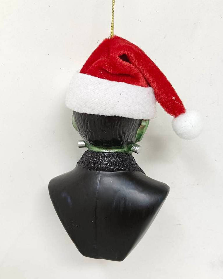Christmas Cheer All Year Frankenstein Santa Hat Glass Christmas Ornament Horror Halloween Bride of Frankenstein Goth Glittered Black