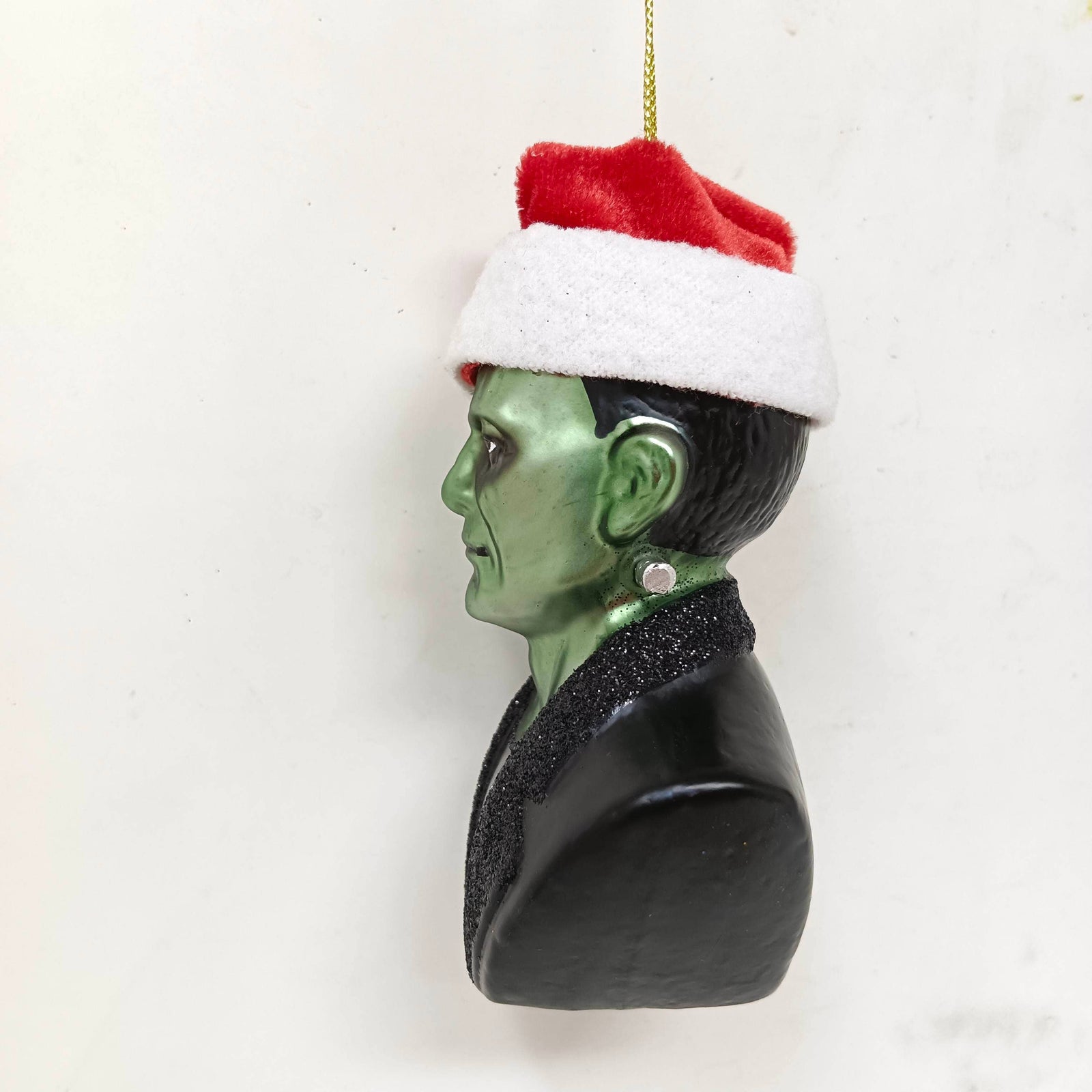 The Canton Christmas Shop Frankenstein Santa Hat Glass Christmas Ornament Horror Halloween Goth Black Glittered