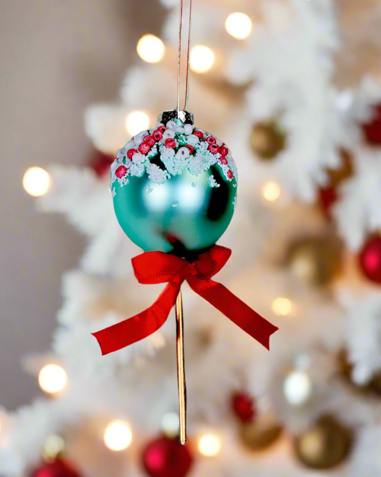 The Canton Christmas Shop Blue Glittery Cake Pop Glass Ornament in Gift Box on white background