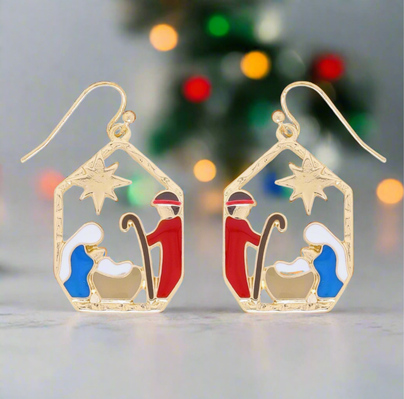 Christmas Cheer All Year Gold Enameled Nativity Scene Christmas earrings