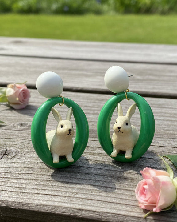 Amanda Bright Designs Green Oval with Rabbit Dangle Earrings for Garden Party Floral Headbands