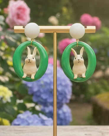 Amanda Bright Designs Green Oval with Rabbit Dangle Earrings for Garden Party Floral Headbands