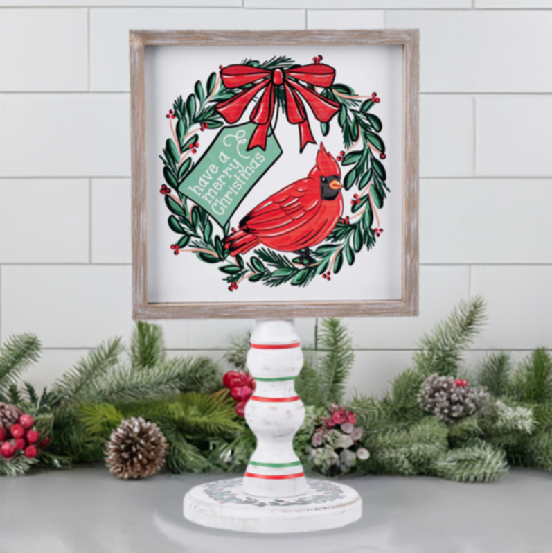 The Canton Christmas Shop Have A Merry Christmas Cardinal Red Bird Stand from Glory Haus with striped red and green base double sided
