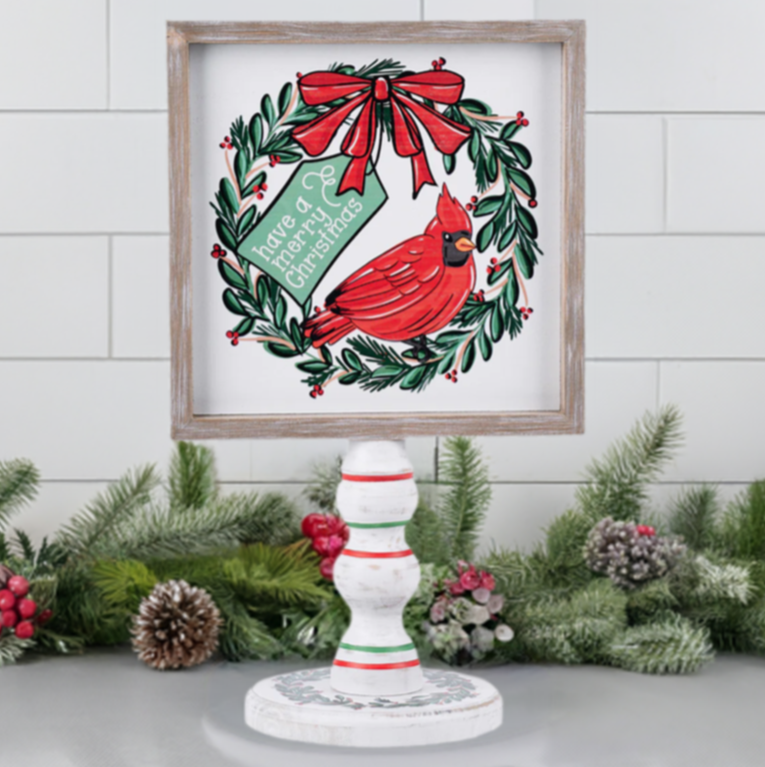 Christmas Cheer All Year Have A Merry Christmas Cardinal Red Bird Stand from Glory Haus with striped red and green base double sided