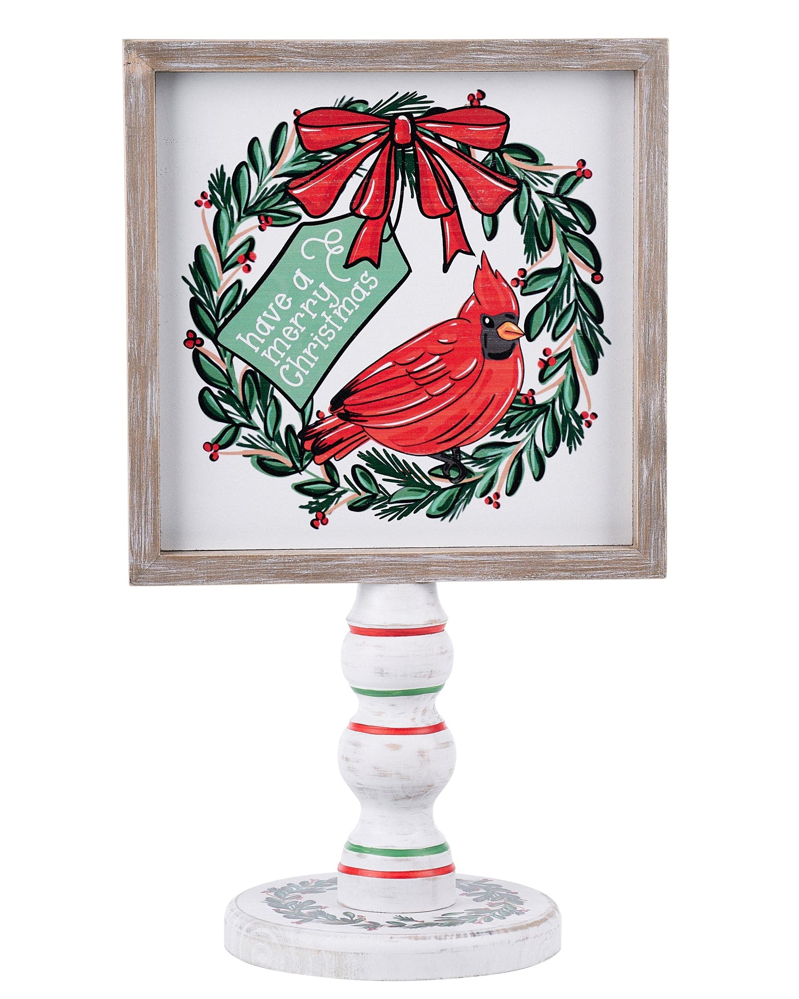 The Canton Christmas Shop Have A Merry Christmas Cardinal Red Bird Stand from Glory Haus with striped red and green base double sided