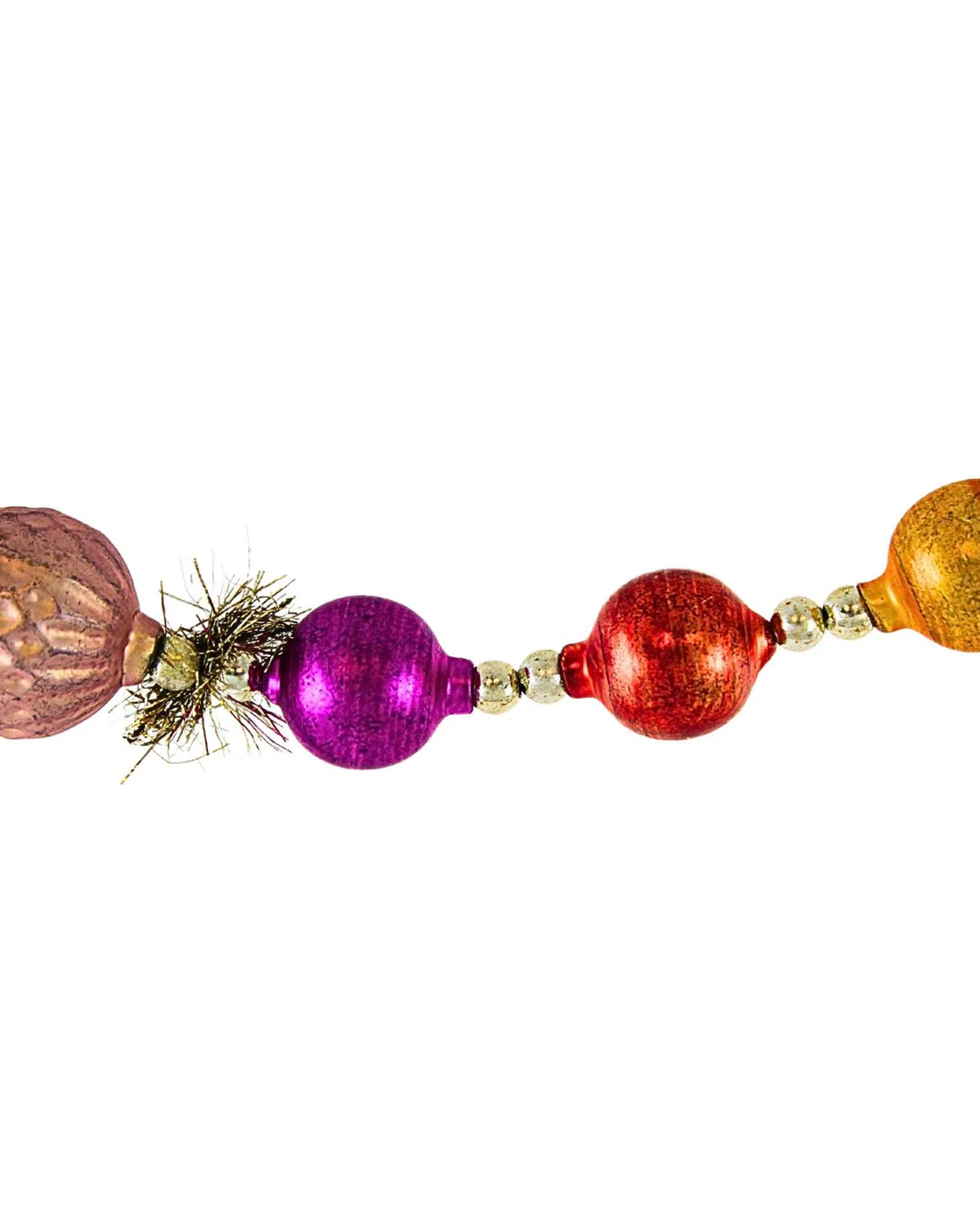 Christmas Cheer All Year Heirloom Ball Garland by Cody Foster Copper Gold Pink Red Glitter Tinsel Silver Beads close up view
