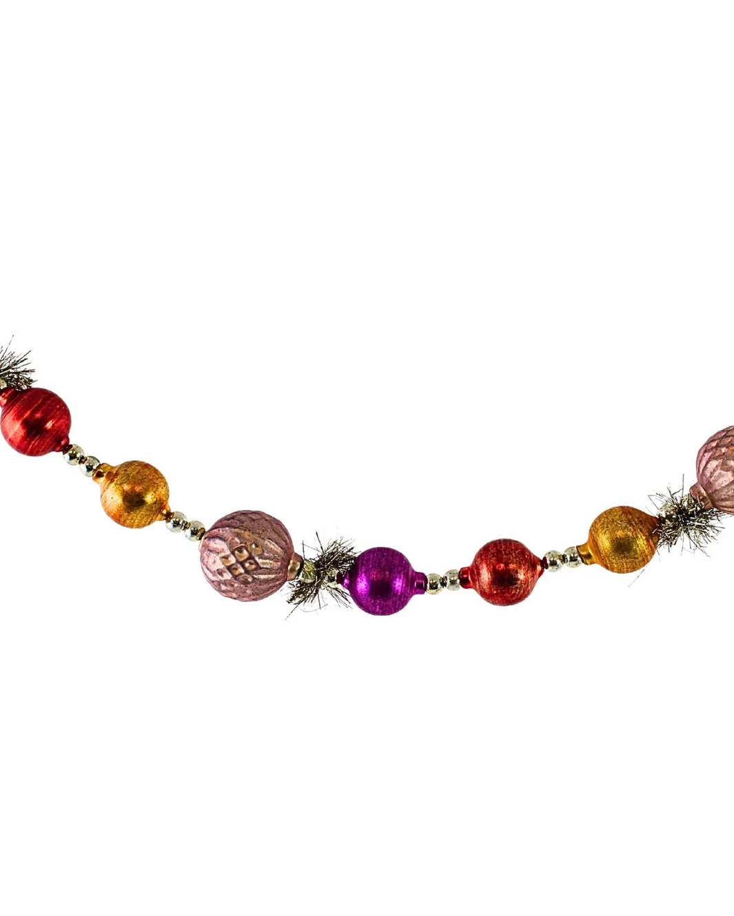 Christmas Cheer All Year Heirloom Ball Garland by Cody Foster Copper Gold Pink Red Glitter Tinsel Silver Beads hanging