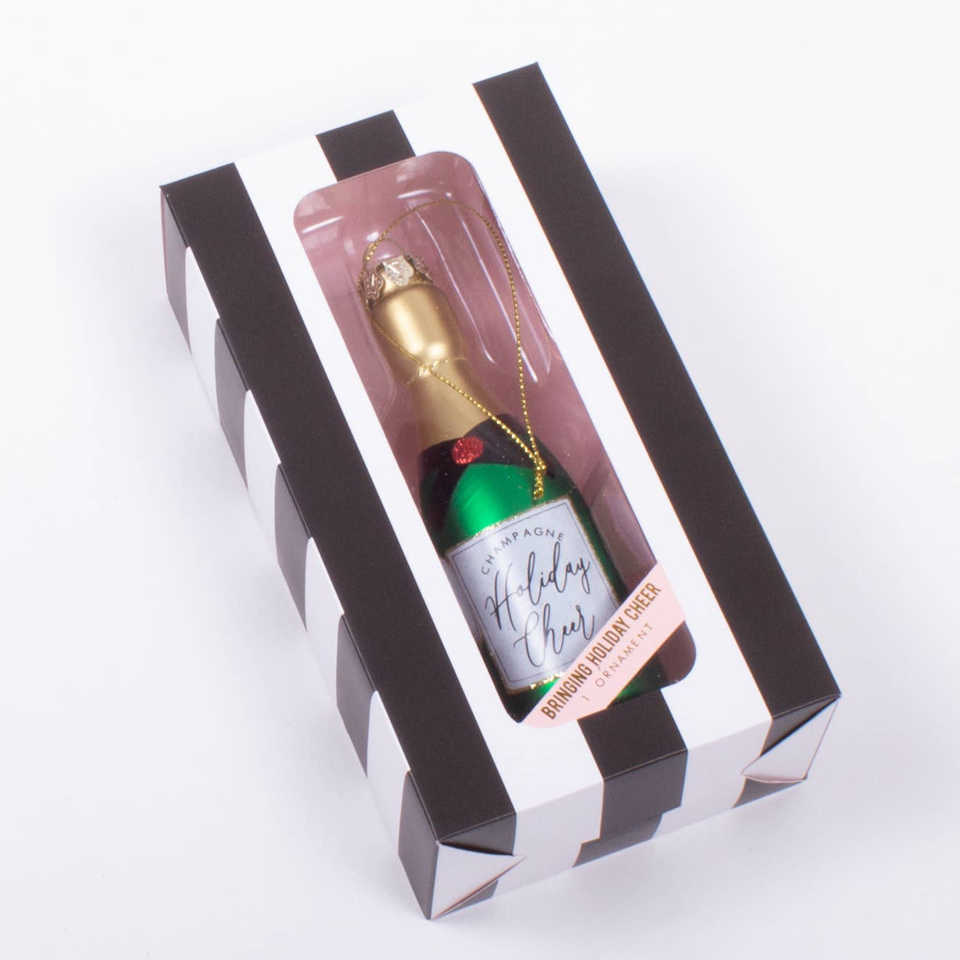 Christmas Cheer All Year Bottle of champagne ornament in a decorative box on a white background