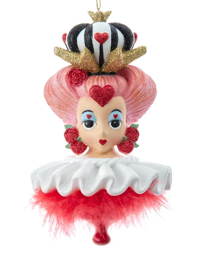 Decorative Queen of Hearts Holly Hat ornament resembling a character with pink hair, red heart, and crown on a white background Christmas Cheer All Year