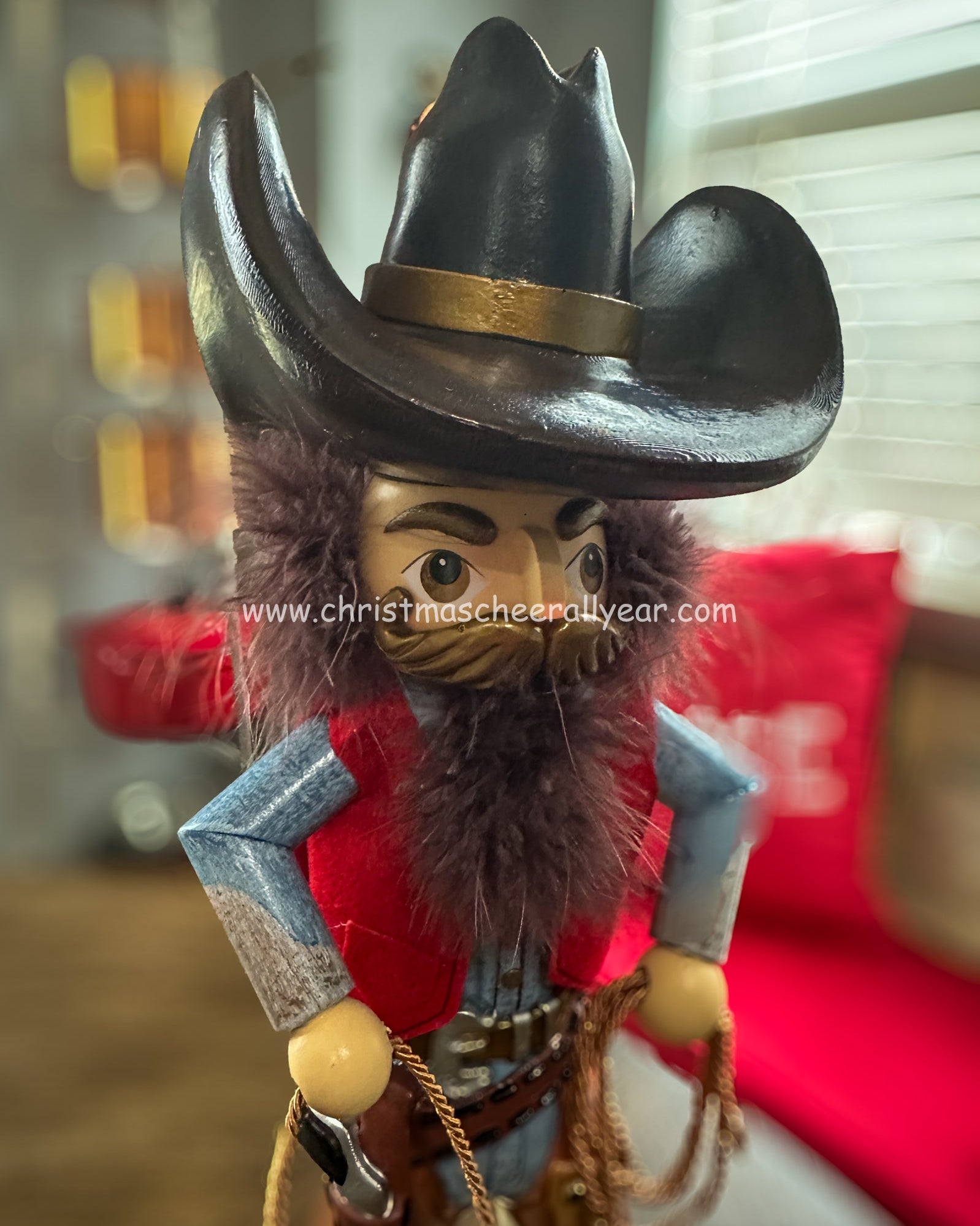 Detail of the cowboy hat on the cowboy nutcracker for sale at Christmas Cheer All Year