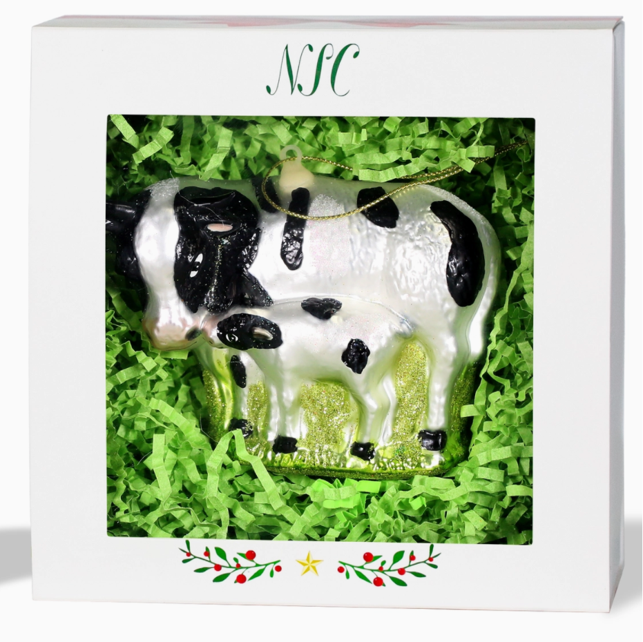 The Canton Christmas Shop Holstein Dairy Cow and Calf Glass Ornament for farmer rancher milk lover