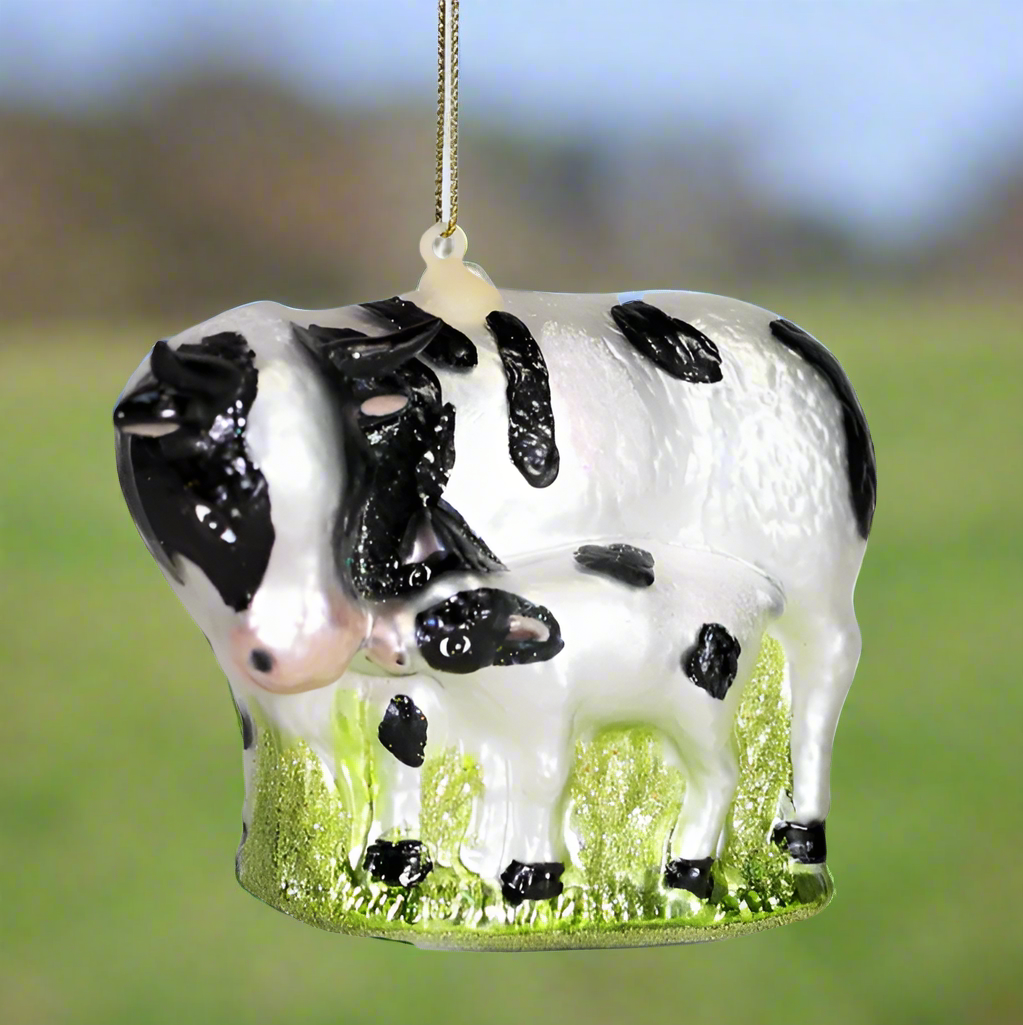 The Canton Christmas Shop Holstein Dairy Cow and Calf Glass Ornament for farmer rancher milk lover