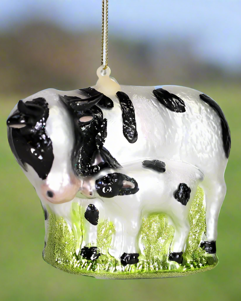 Christmas Cheer All Year Holstein Dairy Cow and Calf Glass Ornament for farmer rancher milk lover