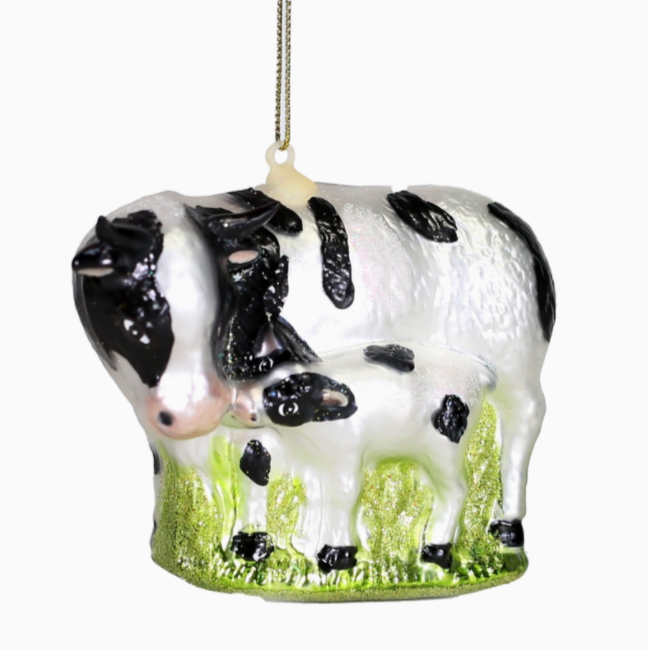 The Canton Christmas Shop Holstein Dairy Cow and Calf Glass Ornament for farmer rancher milk lover