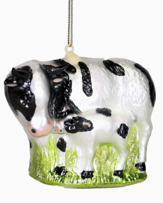 Christmas Cheer All Year Holstein Dairy Cow and Calf Glass Ornament for farmer rancher milk lover