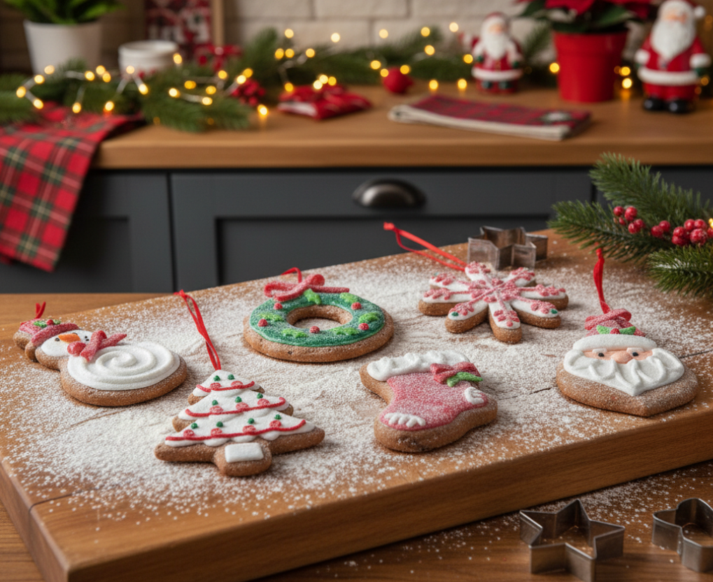 Christmas Cheer All Year Decorative Iced Christmas cookie ornaments on a wooden board with festive background