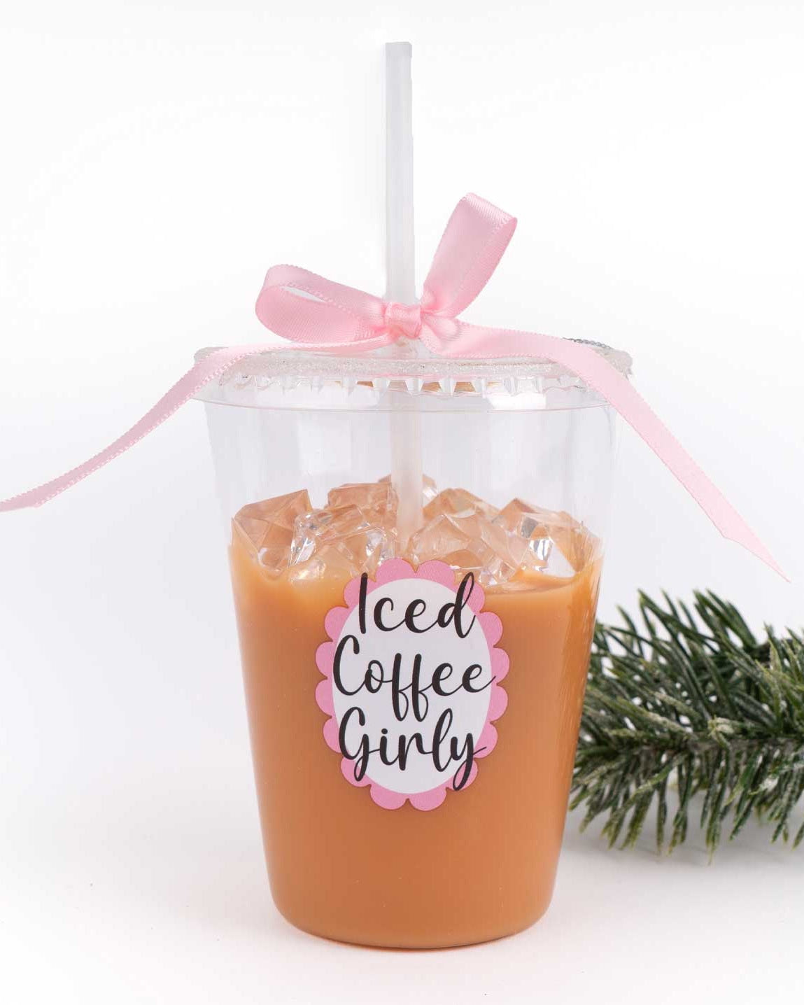 Christmas Cheer All Year Iced Coffee Latte Ornament Clear cup with iced coffee and a pink bow, featuring 'Iced Coffee Girly' text.