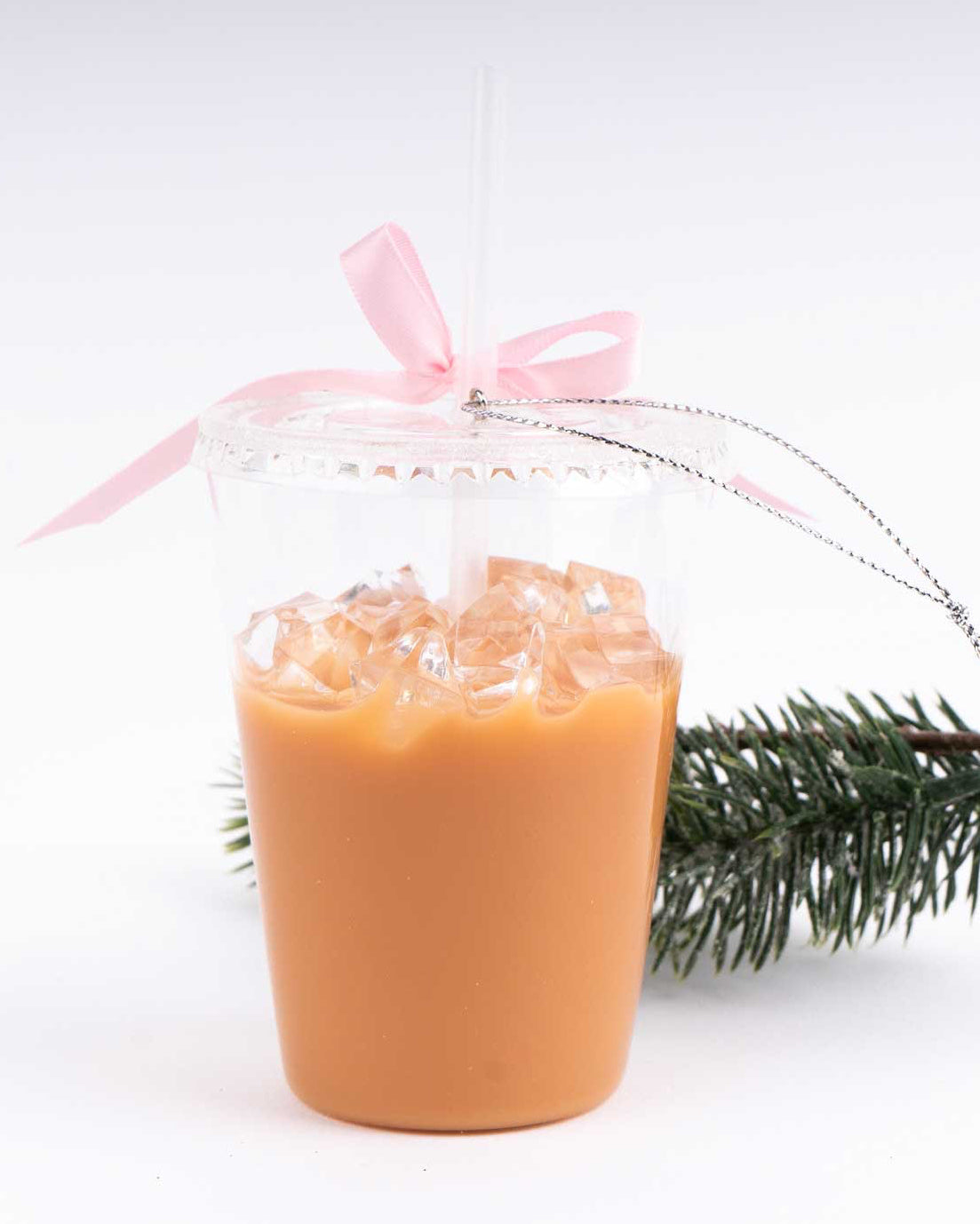Christmas Cheer All Year Iced Coffee Latte Ornament with pink ribbon