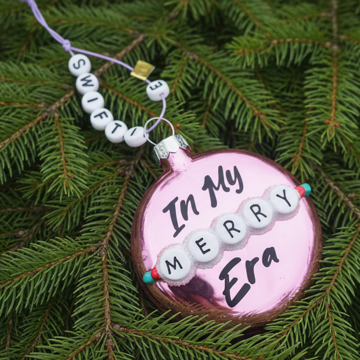 Christmas Cheer All Year Taylor Swift Decorative ornament with 'In My Merry Era' text on a green pine branches
