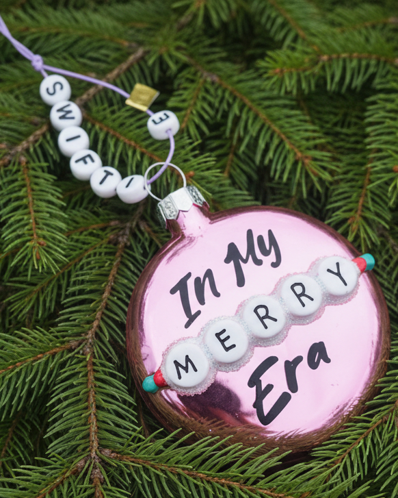 Christmas Cheer All Year Taylor Swift Decorative ornament with 'In My Merry Era' text on a green pine branches