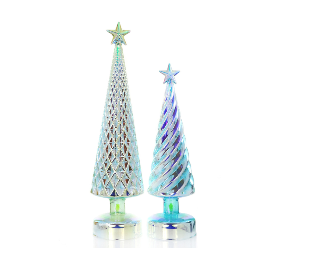 The Canton Christmas Shop Cody Foster iridescent lit green tree set of 2 glass trees on white background
