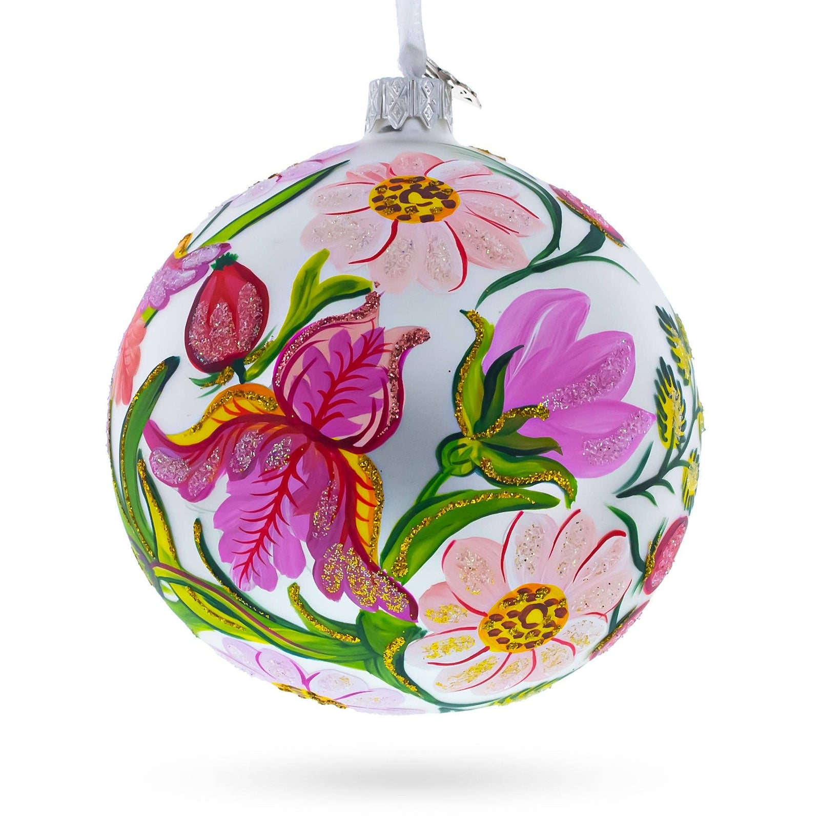 The Canton Christmas Shop Irises and Cosmeya Flowers Glass Ball Ornament Handpainted Ukraine Flowers Glittered Old World
