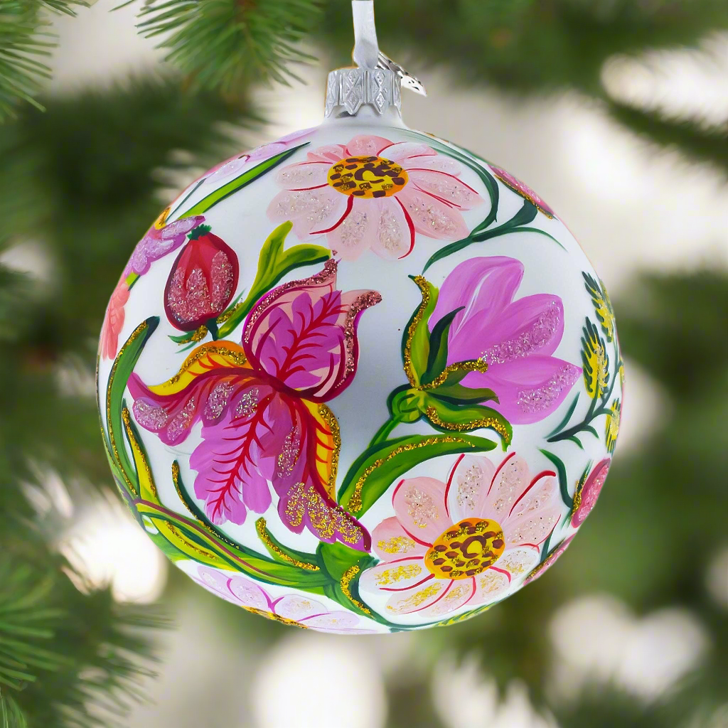 The Canton Christmas Shop Irises and Cosmeya Flowers Glass Ball Ornament Handpainted Ukraine Flowers Glittered Old World