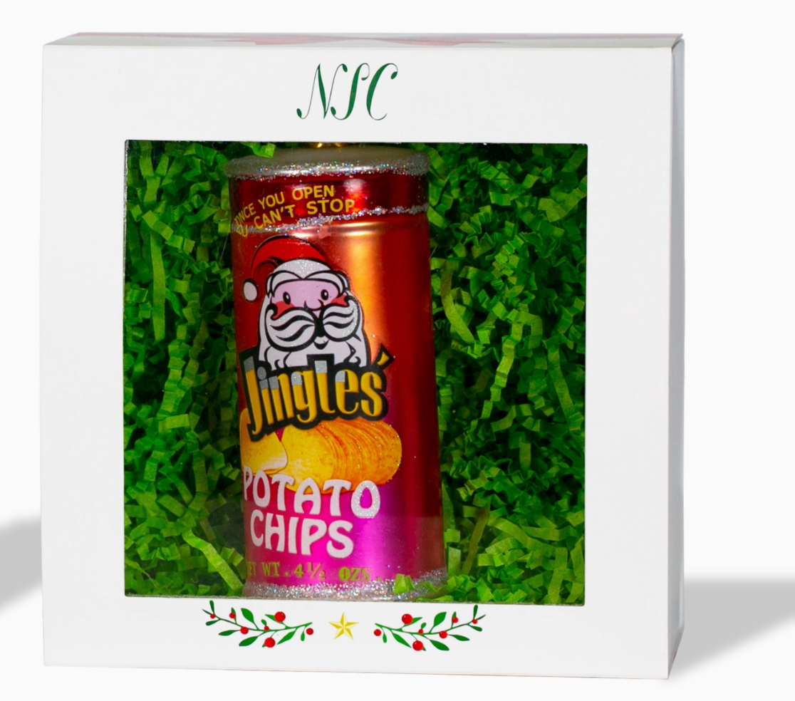 The Canton Christmas Shop Jingle Potato Chips Glass Ornament in box on white background