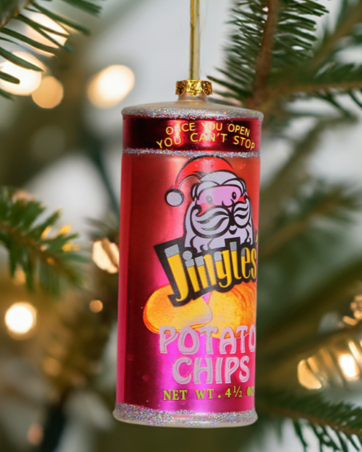 The Canton Christmas Shop Jingle Potato Chips Glass Ornament on christmas tree branch