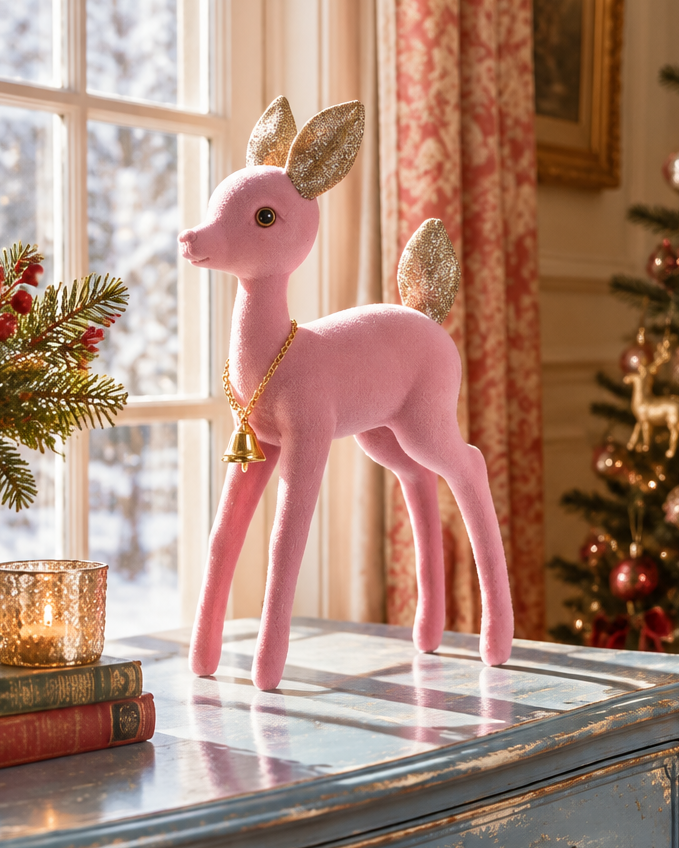 Christmas Cheer All Year kitschy pink flocked deer on antique dresser at holidays