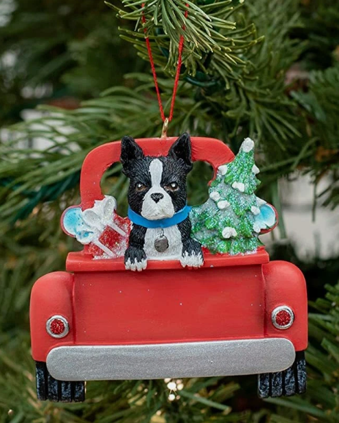 Christmas Cheer All Year Dog in back of red pickup truck christmas ornament for personalization