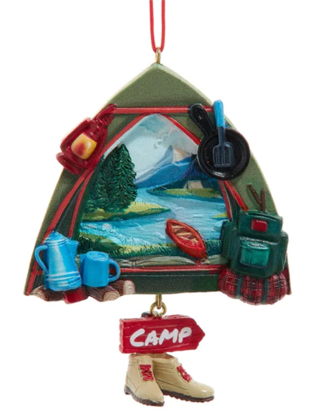Christmas Cheer All Year Camping Ornament with Tent Campfire Coffee Hiking Backpack Frying Pan Lamp Hiking Boots Lake Canoe Mountains Nature