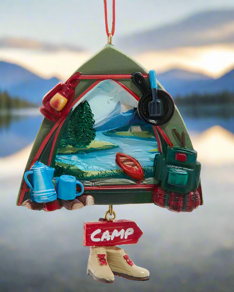Christmas Cheer All Year Camping Ornament with Tent Campfire Coffee Hiking Backpack Frying Pan Lamp Hiking Boots Lake Canoe Mountains Nature