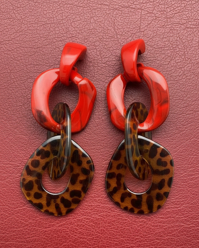 Amanda Bright Designs Red and leopard print link acrylic statement earrings