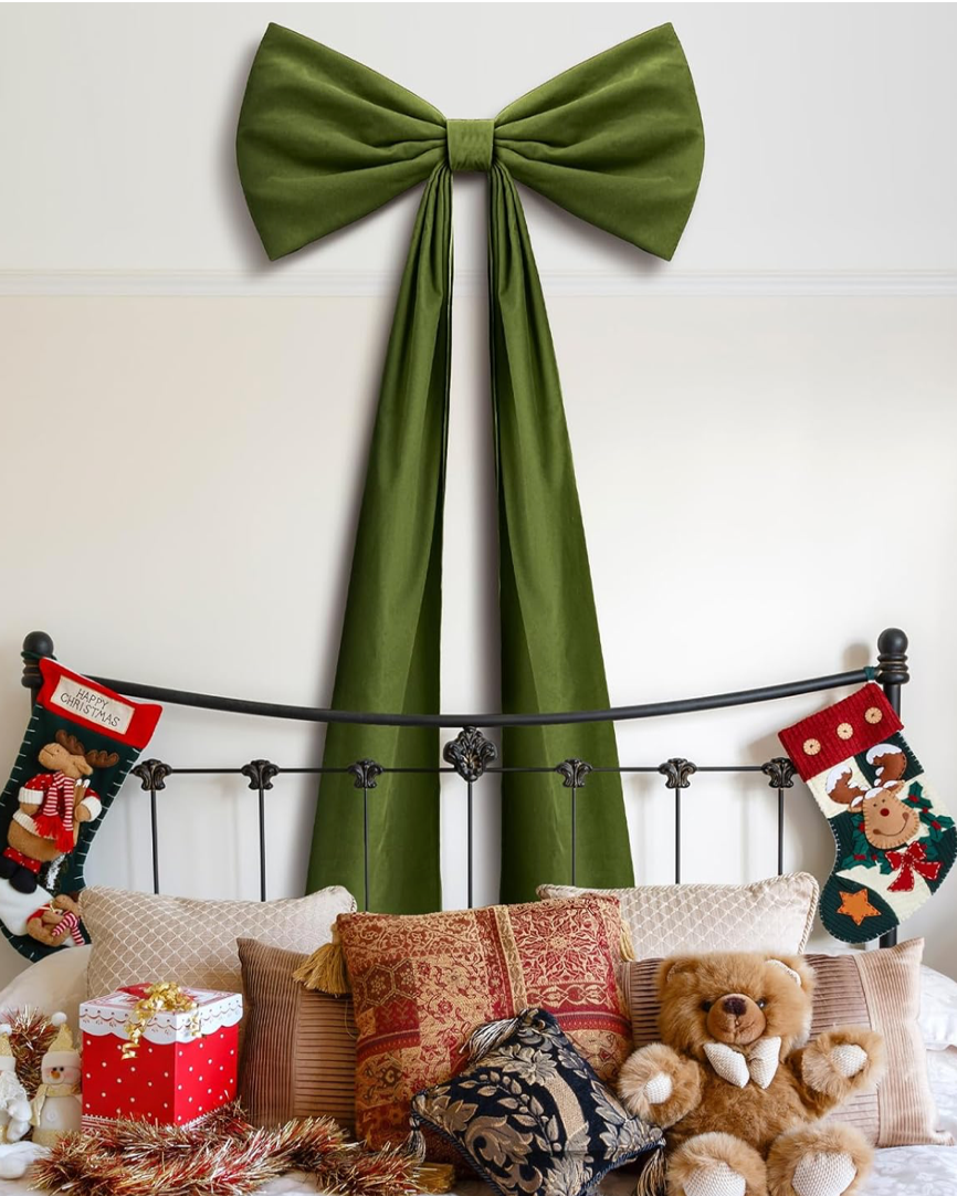 Christmas Cheer All Year Moss Green Velvet Bow Tree Topper