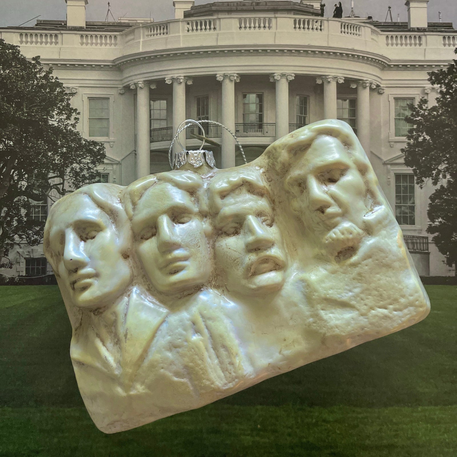 Christmas Cheer All Year Mount Rushmore Presidents Glass Ornament in front of the White House