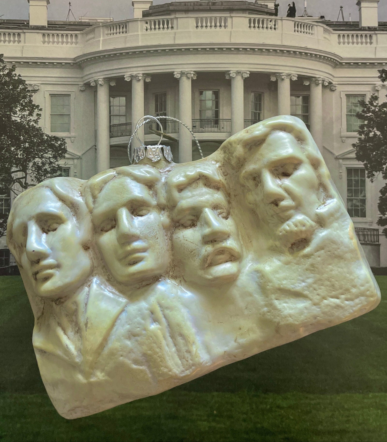 Christmas Cheer All Year Mount Rushmore Presidents Glass Ornament in front of the White House