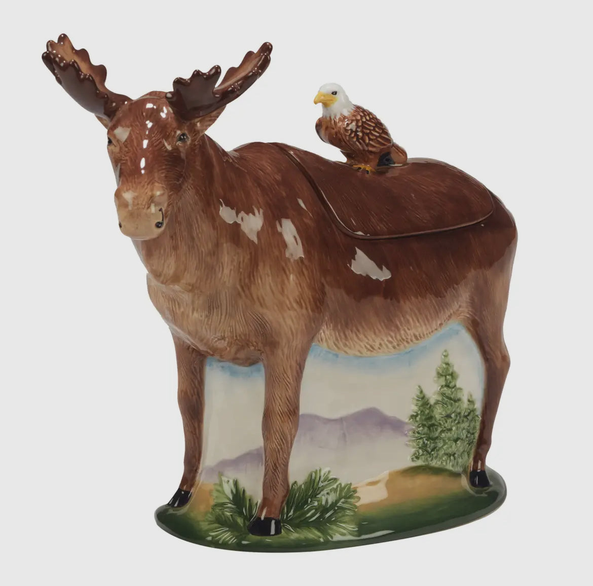 The Canton Christmas Shop Mountain Moose and Eagle Ceramic Cookie Jar Lake Mountain River Colorado Pines