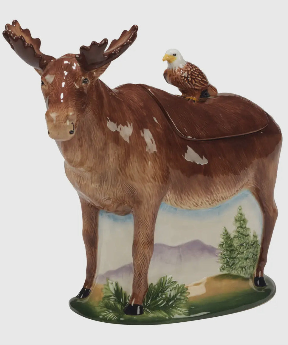 Christmas Cheer ALl Year Mountain Moose and Eagle Ceramic Cookie Jar Lake Mountain River Colorado Pines