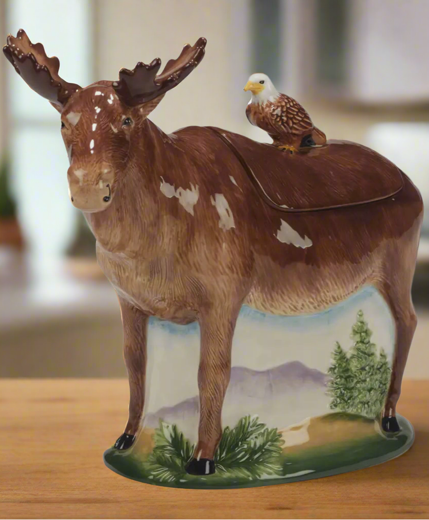Christmas Cheer All Year Mountain Moose and Eagle Ceramic Cookie Jar Lake Mountain River Colorado Pines
