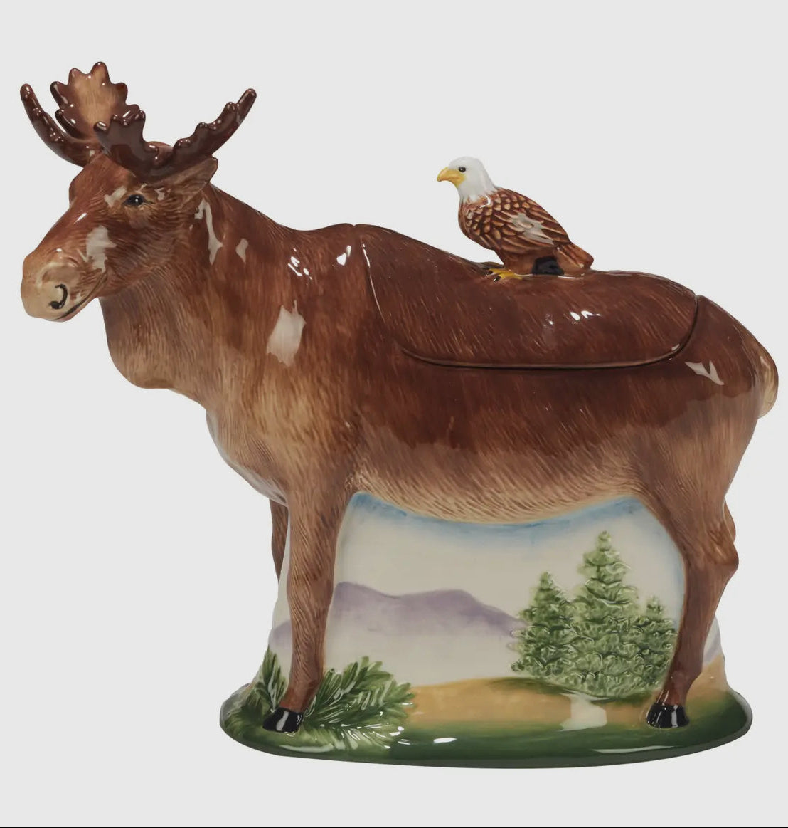 The Canton Christmas Shop Mountain Moose and Eagle Ceramic Cookie Jar Lake Mountain River Colorado Pines
