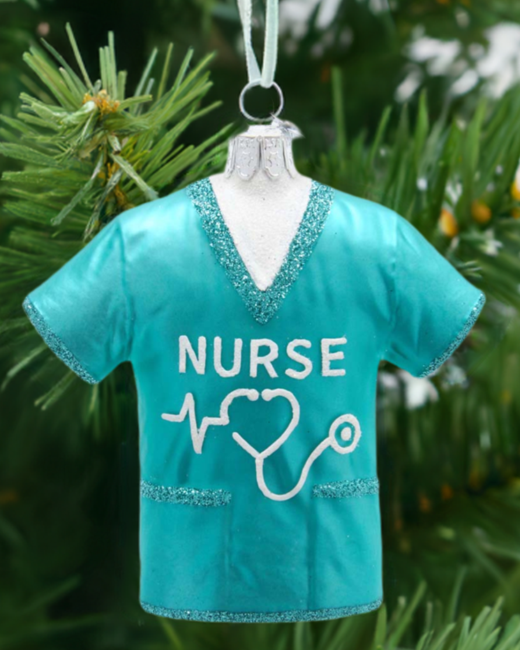 Christmas Cheer All Year Noble Gems Nurse Scrubs Glass Glittered Ornament NB1626